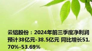 云铝股份：2024年前三季度净利润预计38亿元-38.5亿元 同比增长51.70%-53.69%