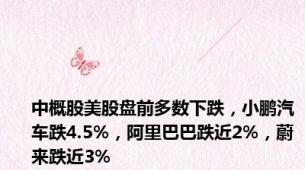 中概股美股盘前多数下跌，小鹏汽车跌4.5%，阿里巴巴跌近2%，蔚来跌近3%